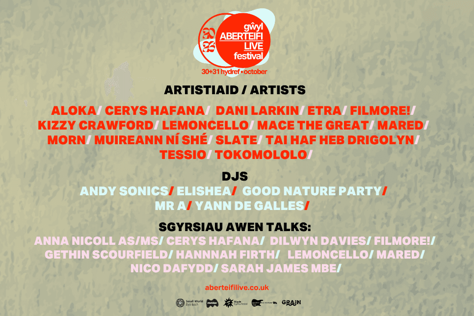 Gŵyl ABERTEIFI LIVE 2026 full line up graphic with red, blue and pink text against a khaki textured background