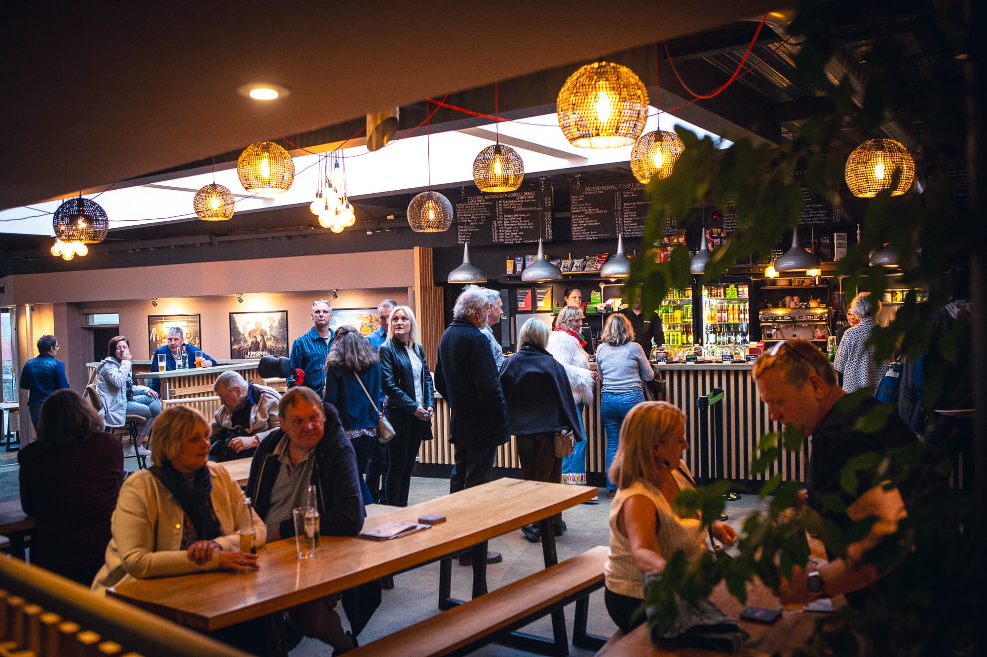 Mwldan's busy bar with wooden tables and benches and pendant lights