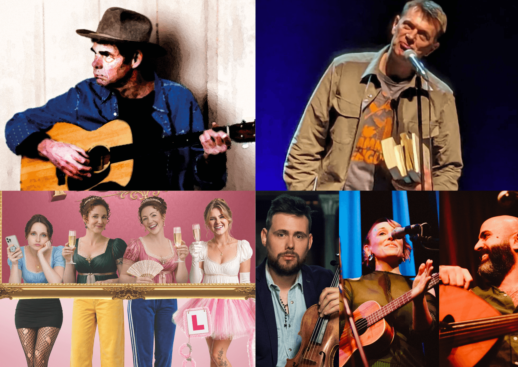 A composite image of photographs, top left is the comedian Rich Hall, top right is the poet Brian Bilston, Bottom left is the cast of Black Rat Theatre's Pride and Prejud(ish) and bottom right features the musicians Patrick Rimes, Ana Silvera and Saied Silbak